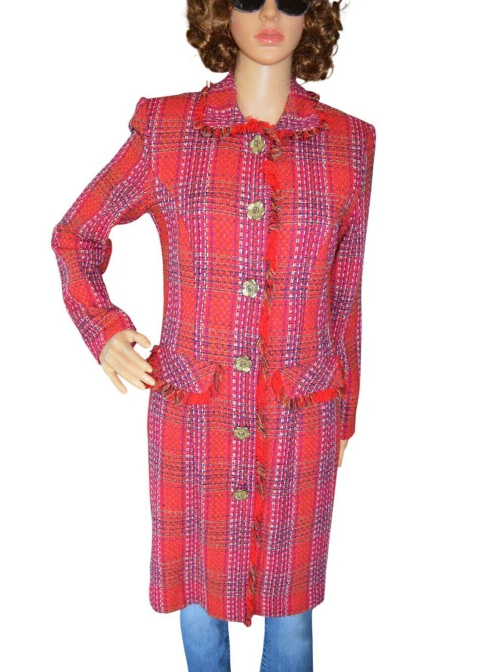 Vintage 80s y2k Santa Fe Red Tweed Button Down Pencil Coat Dress Women's Size 8